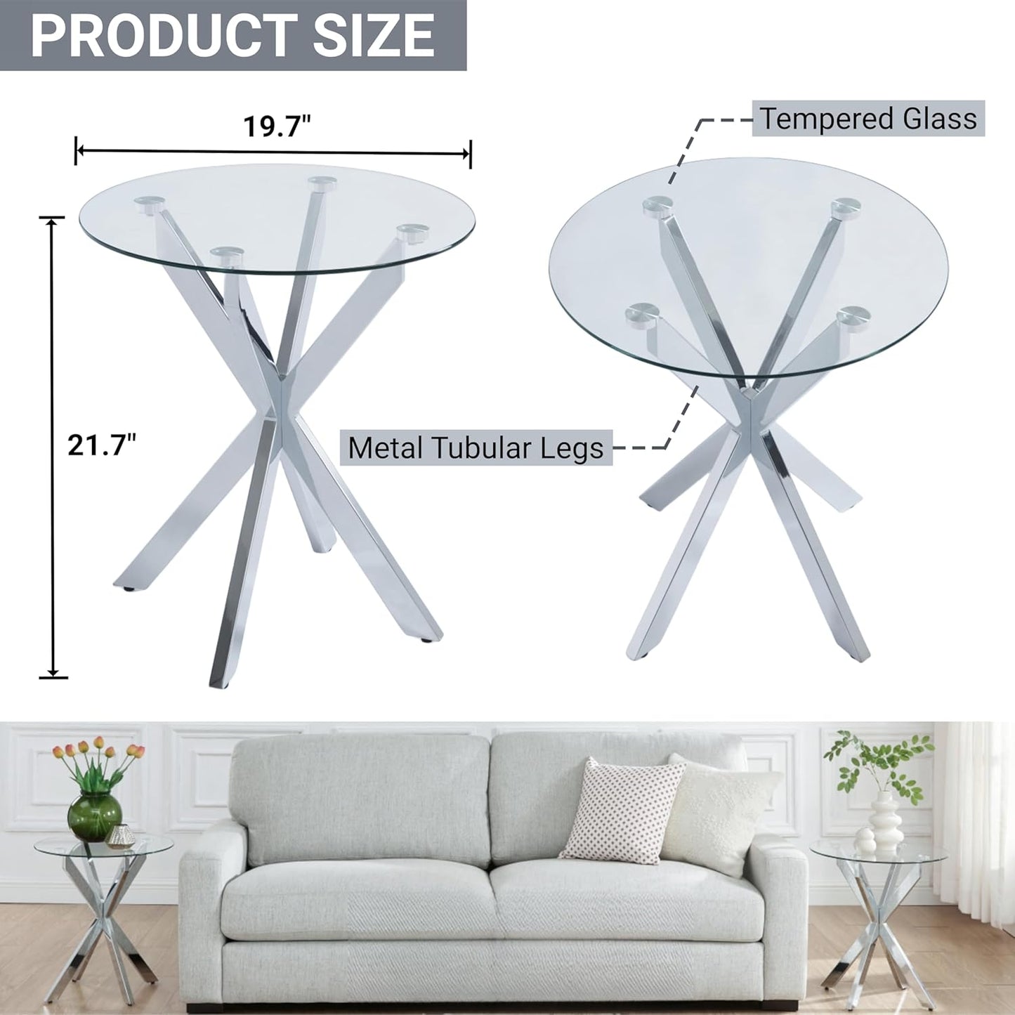 Modern Glass End Table, Small Round Side Table for Couch, Sofa Table with Clear Tempered Glass Top for Living Room, Bedroom, Bedside, 19.7" Wx21.7 H Silver