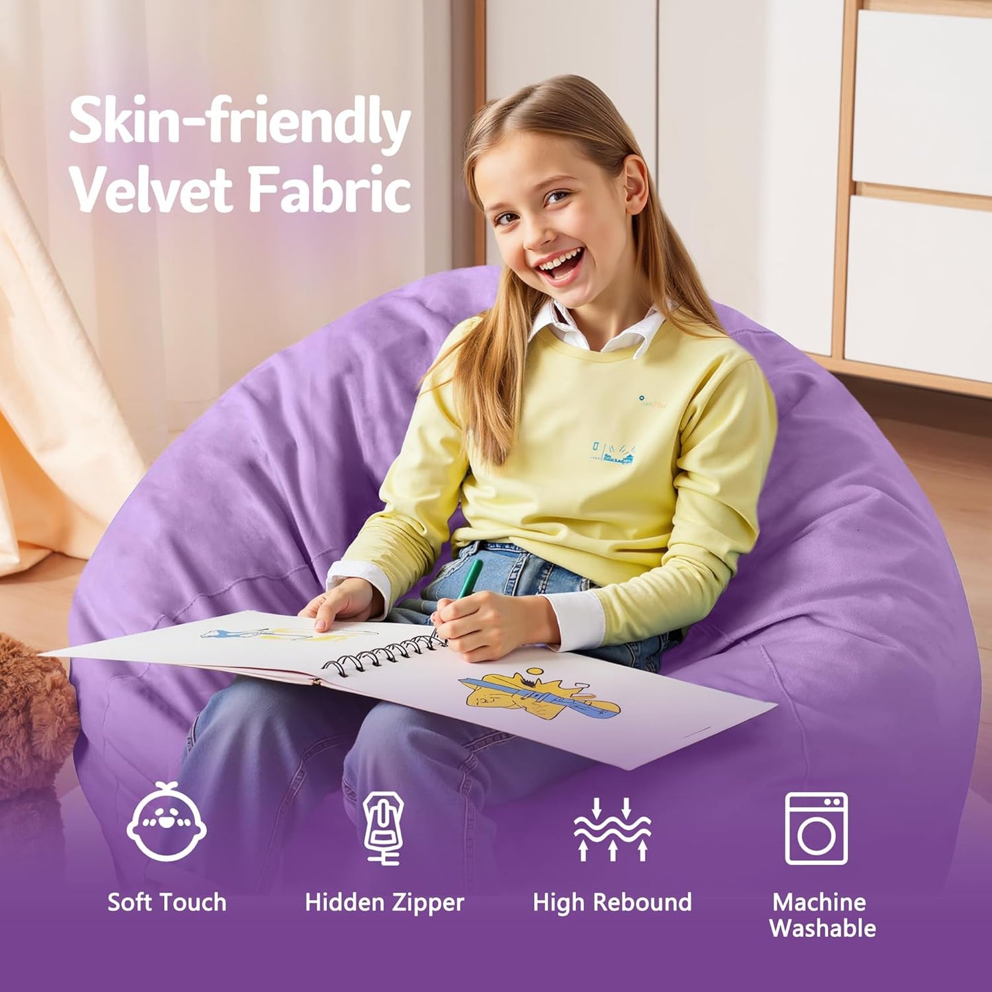 Homguava 2FT Bean Bag Chair: 2' Bean Bags with Memory Foam Filled,Comfy Beanbag Chairs Round Bean Bag Sofa with Dutch Velvet Cover-Purple