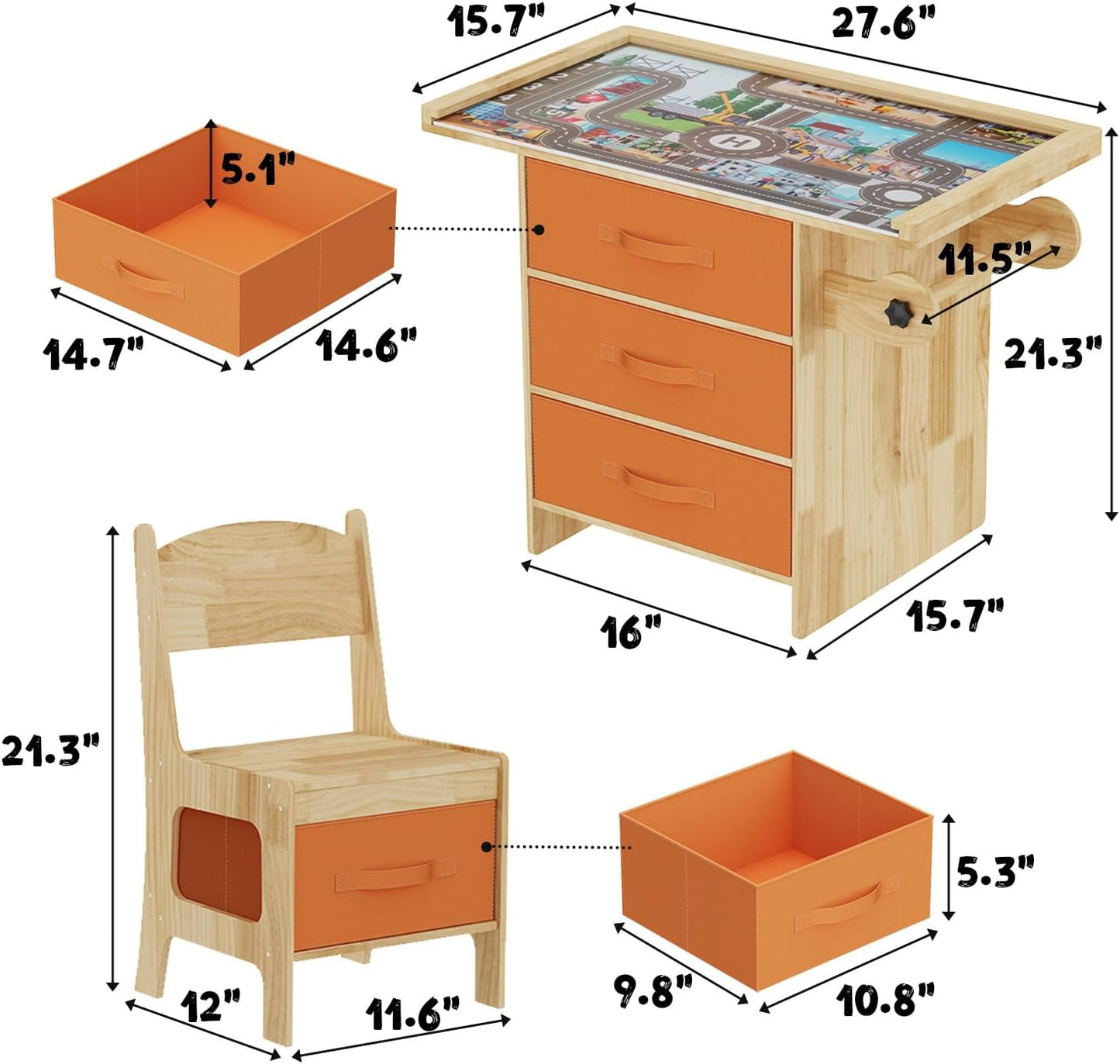 Pine Wood Kids Table and Chair Set 3 in 1 Wooden Toddler Table with Storage, Children's Drawing Reading Desk, with Drawers & Storage Baskets, Natural