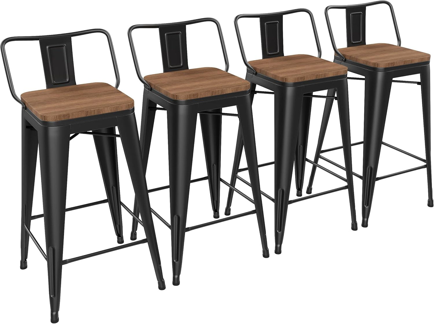 Yongchuang 24" Metal Barstools Set of 4 Counter Bar Stools with Wood Top Low Back Matte Black
