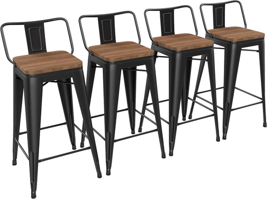 Yongchuang 24" Metal Barstools Set of 4 Counter Bar Stools with Wood Top Low Back Matte Black
