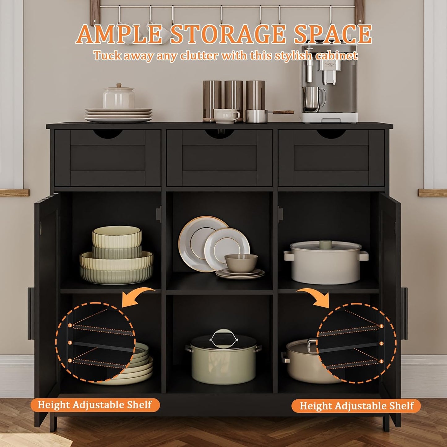 Storage Cabinet, Coffee Bar Cabinet with 2 Adjustable Shelves, 3 Drawers, and 2 Doors, for Bathroom, Kitchen, Living Room (Black)