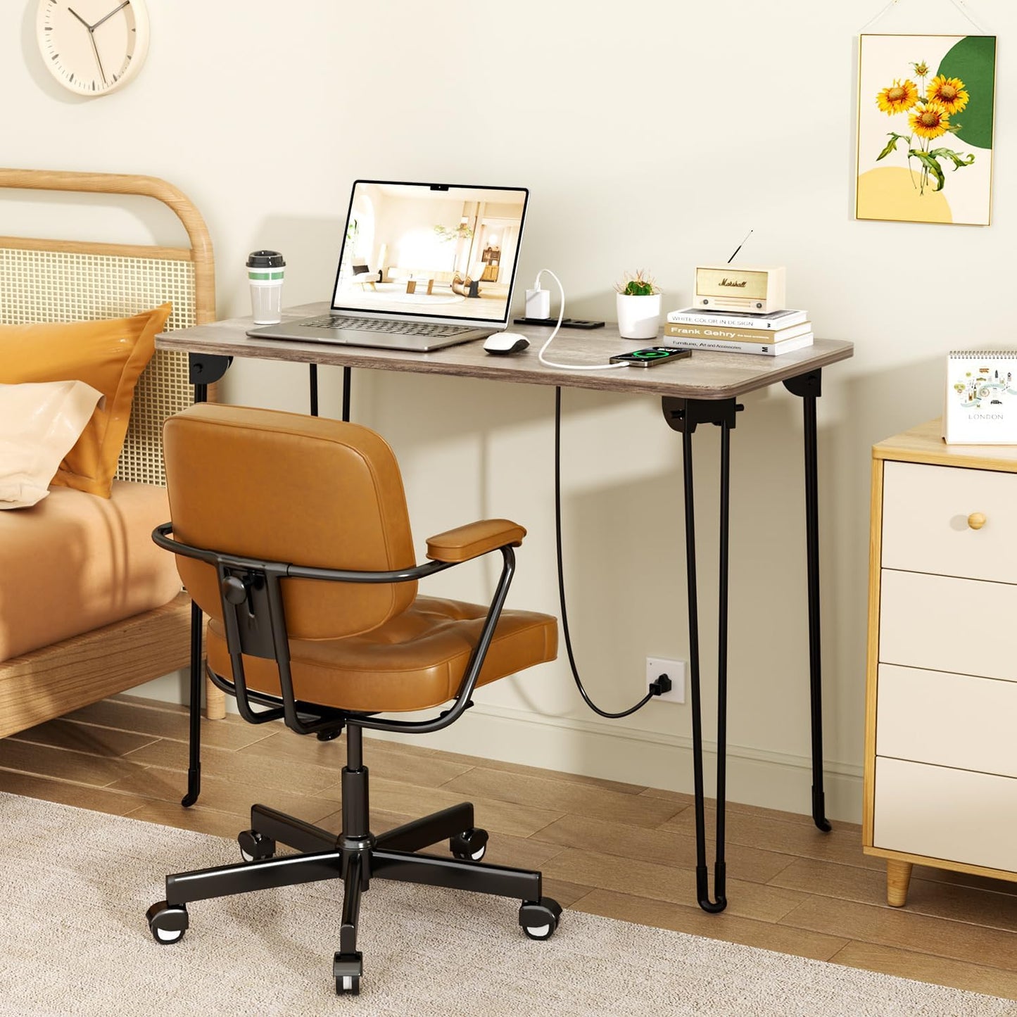 Folding Desk, 31.5" Hairpin Legs Small Desk with Power Strip for Bedroom, Space Saving Foldable Computer Desk for Home Office, No Assembly Need,Light Brown