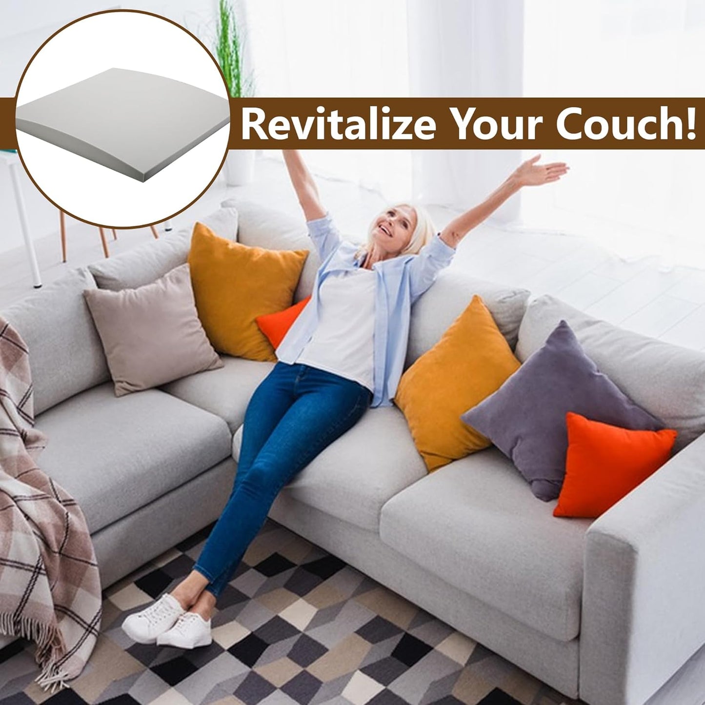 moonoom 22"x22" Couch Cushion Support, Grey Sofa Cushion Sagging Repair, Curved High Density Foam Replacement for Furniture Sagging Seat Sectional Loveseat Chair (2 Pcs)