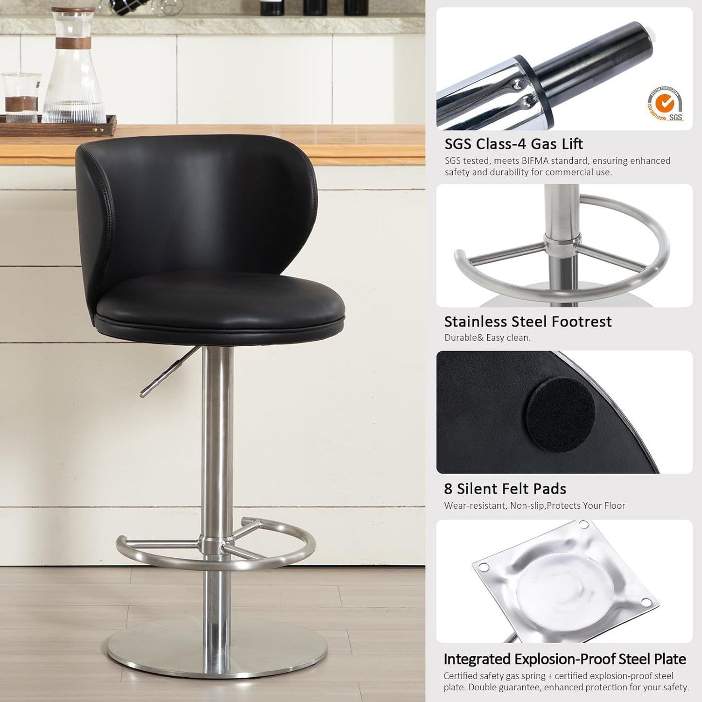 RAINMOOD Bar Stools,Adjustable Stainless Steel Swivel Barstools,Faux Leather Upholstered Bar Chair with Back and Footrest, for Bar, Kitchen Counter, Dining Room