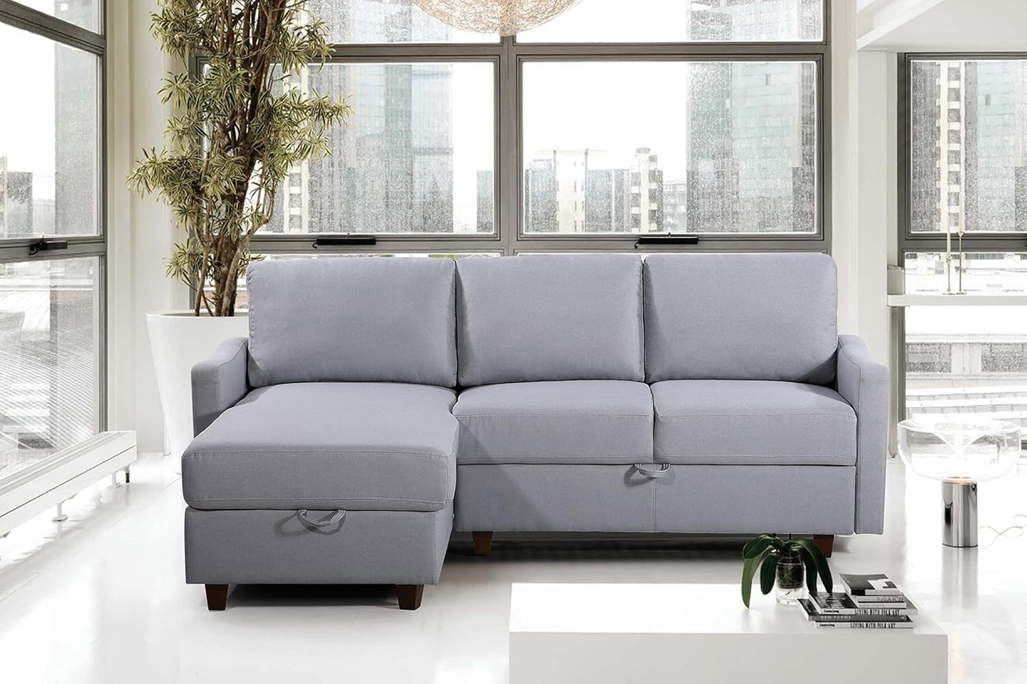 Container Furniture Direct Sectional Sofa with Storage – Modern Upholstered Living Room Couch, Reversible Chaise for Home, Apartment, Office, 81.9” L, Light Grey