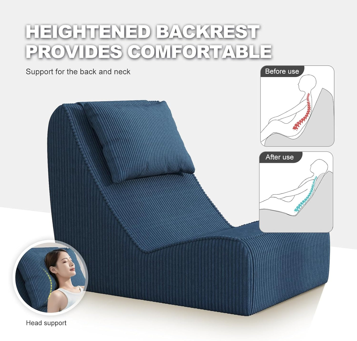 Giant Bean Bag Chair for Adults,Corduroy Chaise Lounge with Unrivaled Back Support, Detachable Neck Pillow, Comfortable Ottoman & Washable Cover for Living Room, Bedroom, Garden (Royal Blue)