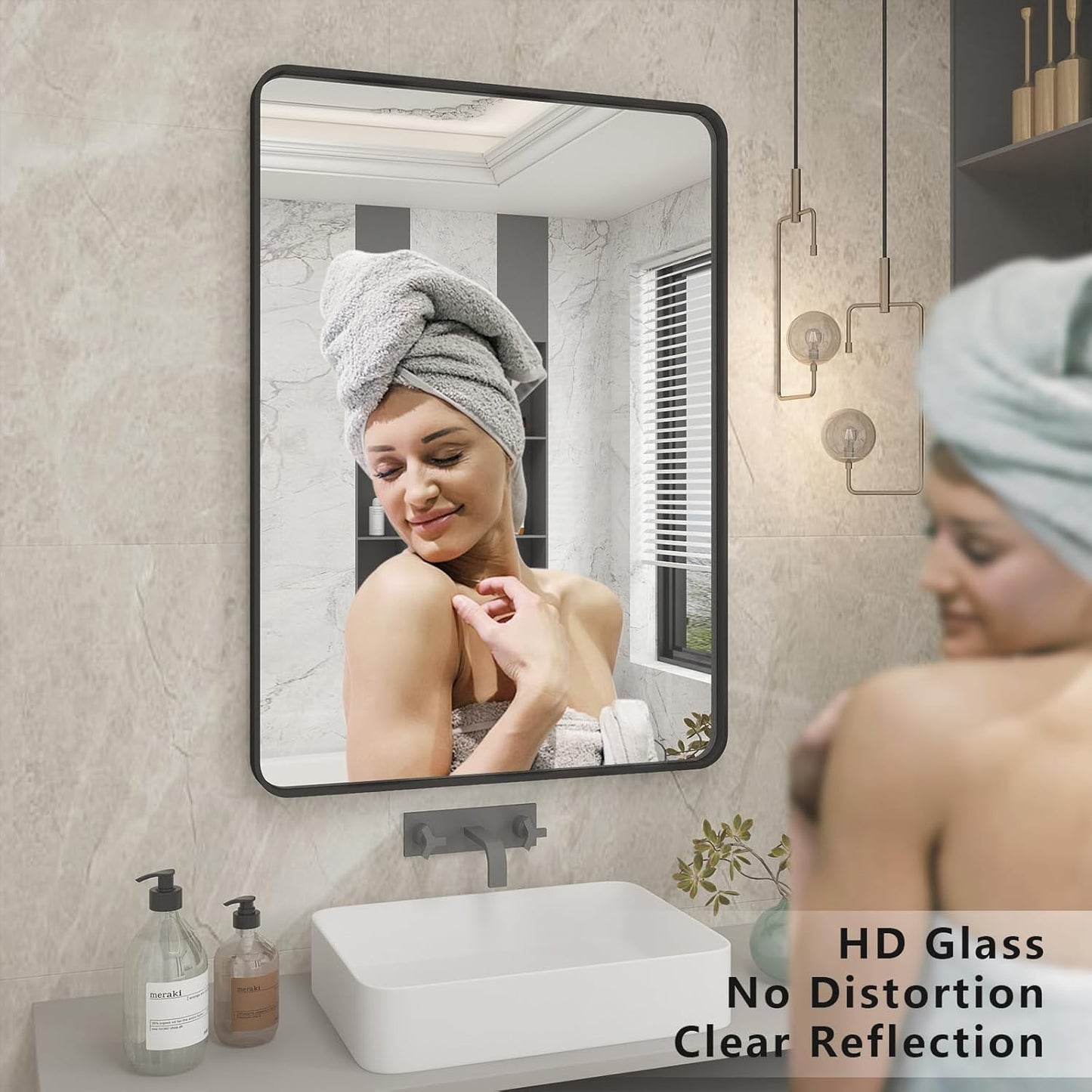 24x36 Inch Black Framed Mirror for Wall, Matte Black Bathroom Rectangle Mirror, Rounded Corner, Anti-Rust (Horizontal/Vertical)