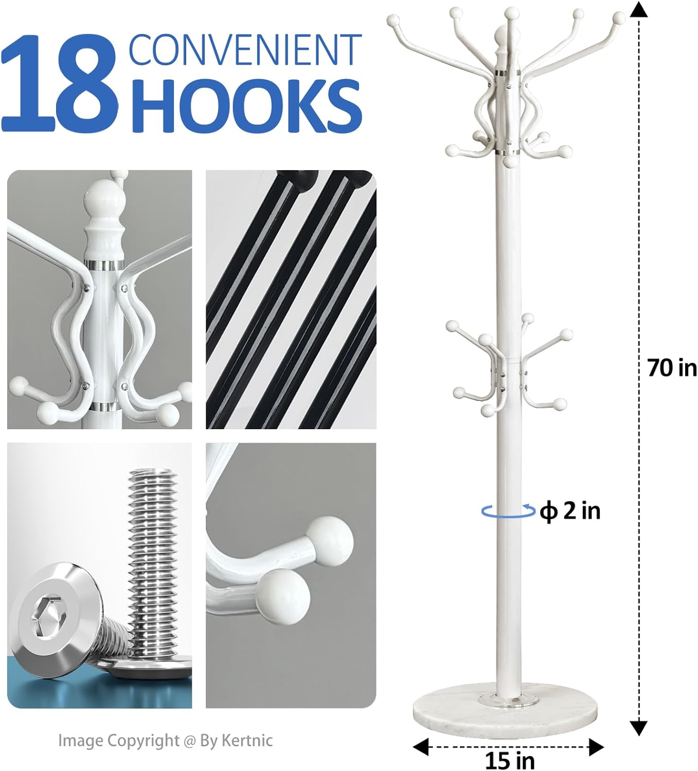 Kertnic Freestanding Coat Rack with 18 Hooks & Marble Base - Heavy Duty Metal Hall Tree Stand for Entryway, Hats, Coats, Bags Rack - Modern Hanger Organizer for Home, Office, Dorm (18 hooks -White)