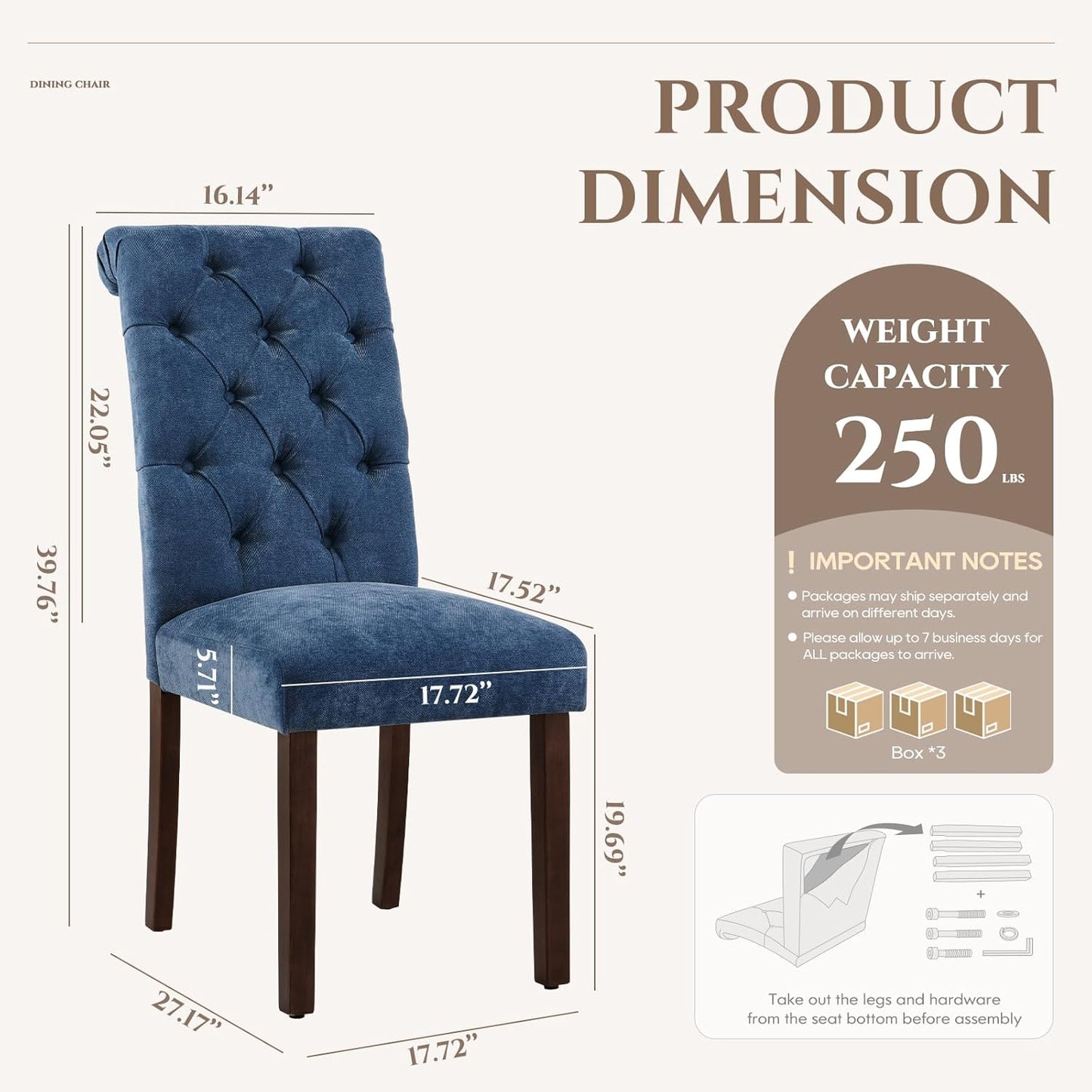 COLAMY Button Tufted Dining Chairs Set of 6, Parsons Upholstered Fabric Dining Room Chair Kitchen Chairs with Wood Legs and Padded Seat, Blue