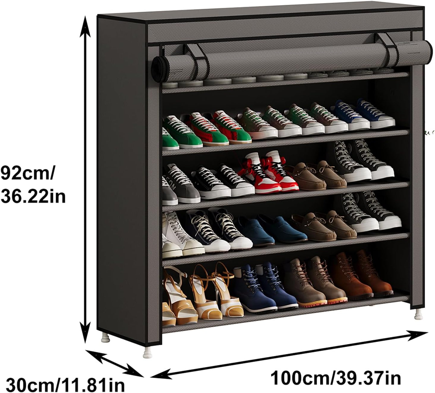 Calmootey 5 Tier Shoe Rack Organizer to Hold 25 Pairs, Portable Shoe Shelf with Nonwoven Fabric Cover for Closet Hallway, Bedroom, Entryway, Grey
