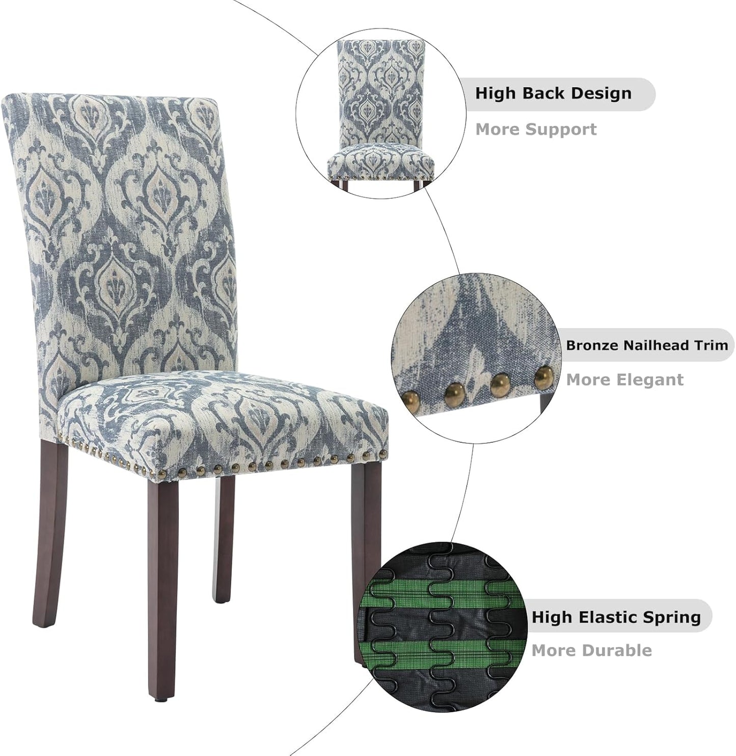 COLAMY Upholstered Parsons Dining Chairs Set of 2, Fabric Dining Room Kitchen Side Chair with Nailhead Trim and Wood Legs - Blue/White Flower