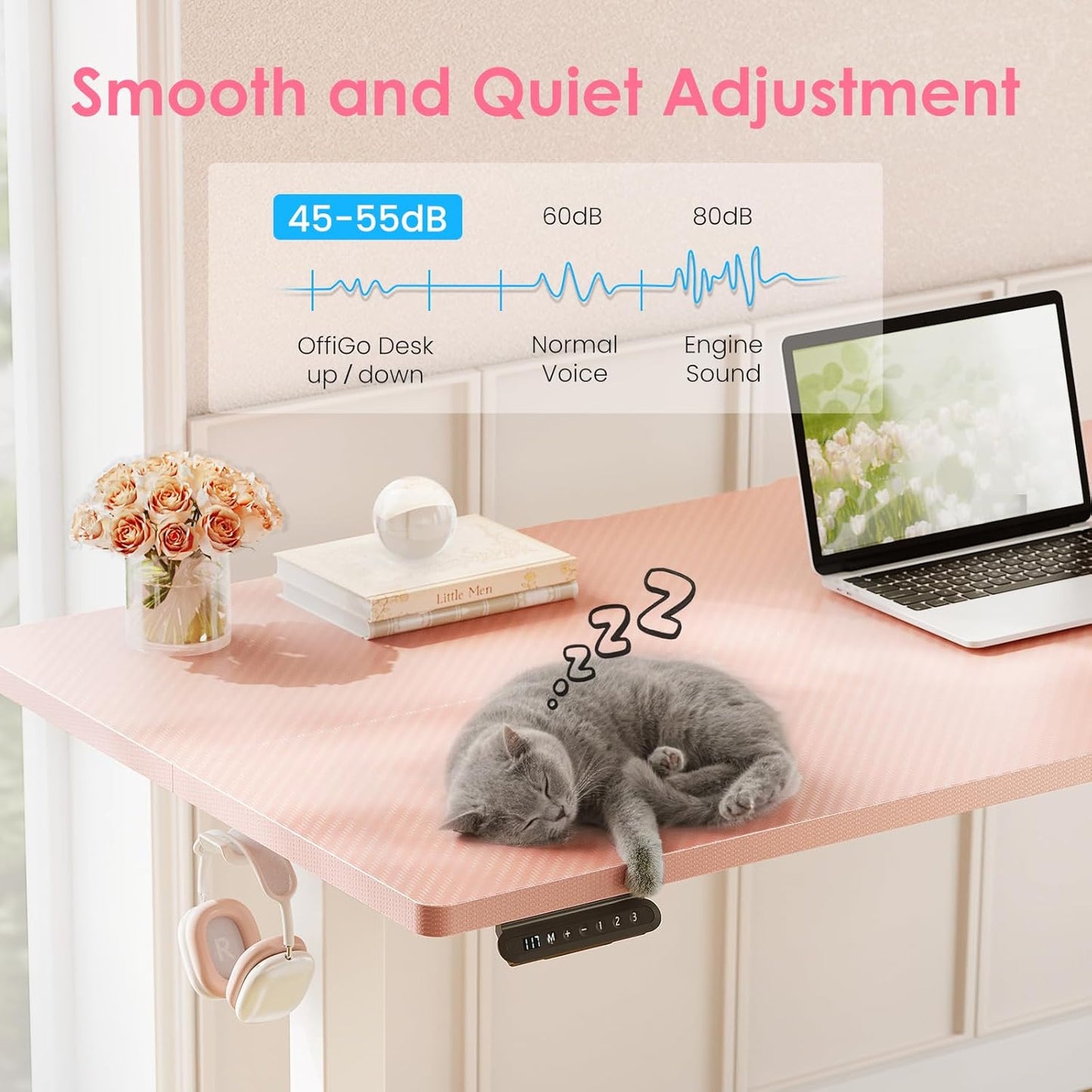 OffiGo Electric Height Adjustable Standing Desk, 40 Inch Pink Computer Desk for Women Girls, Sit Stand Table for Home, Office, Bedroom