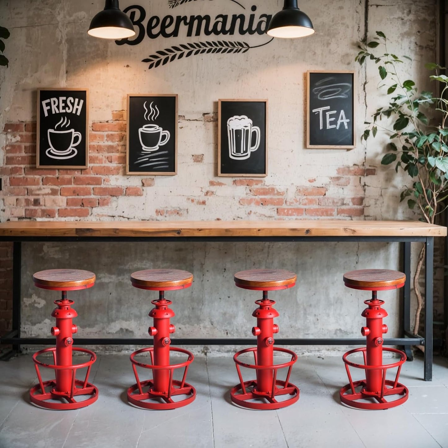 Topower Antique Industrial Round Bottom Adjustable Height Cafe Coffee Retro Vintage Stylish Water Pipe Design Pub Kitchen Bar Stool Antique Red