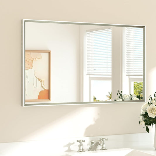 TETOTE Brushed Nickel Bathroom Mirror for Over Sink 40" x 24" Brushed Nickel Beveled Framed Rectangle Vanity Mirror for Bathroom, Bedroom, Entryway, Living Room, Tempered Glass, Stronger Frame