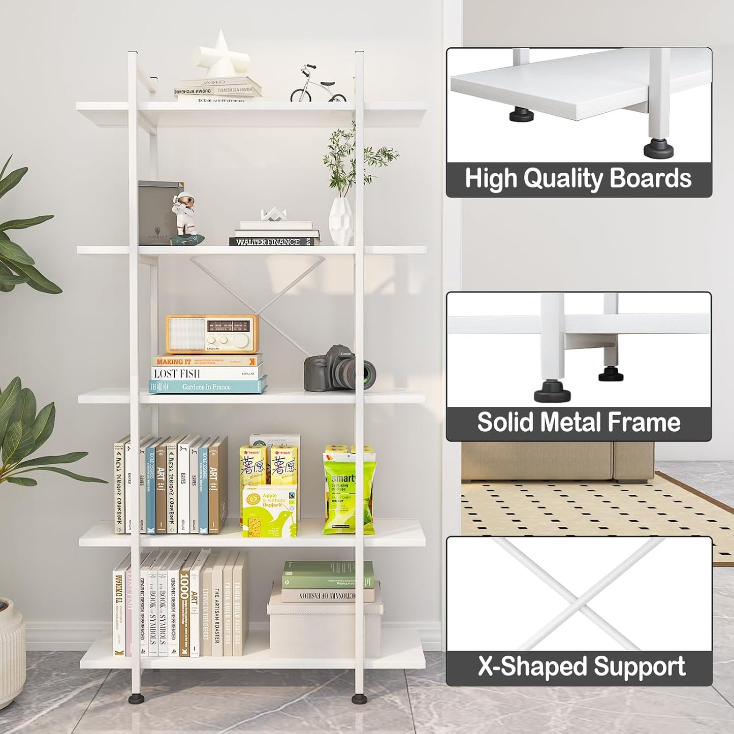 Bookshelf 5 Tiers White Wooden Storage Shelf,Modern Open Display Storage Bookcase Book Organizer,Metal Bookshelf Standing Storage Shelf Tall Shelving Units for Home Office Study