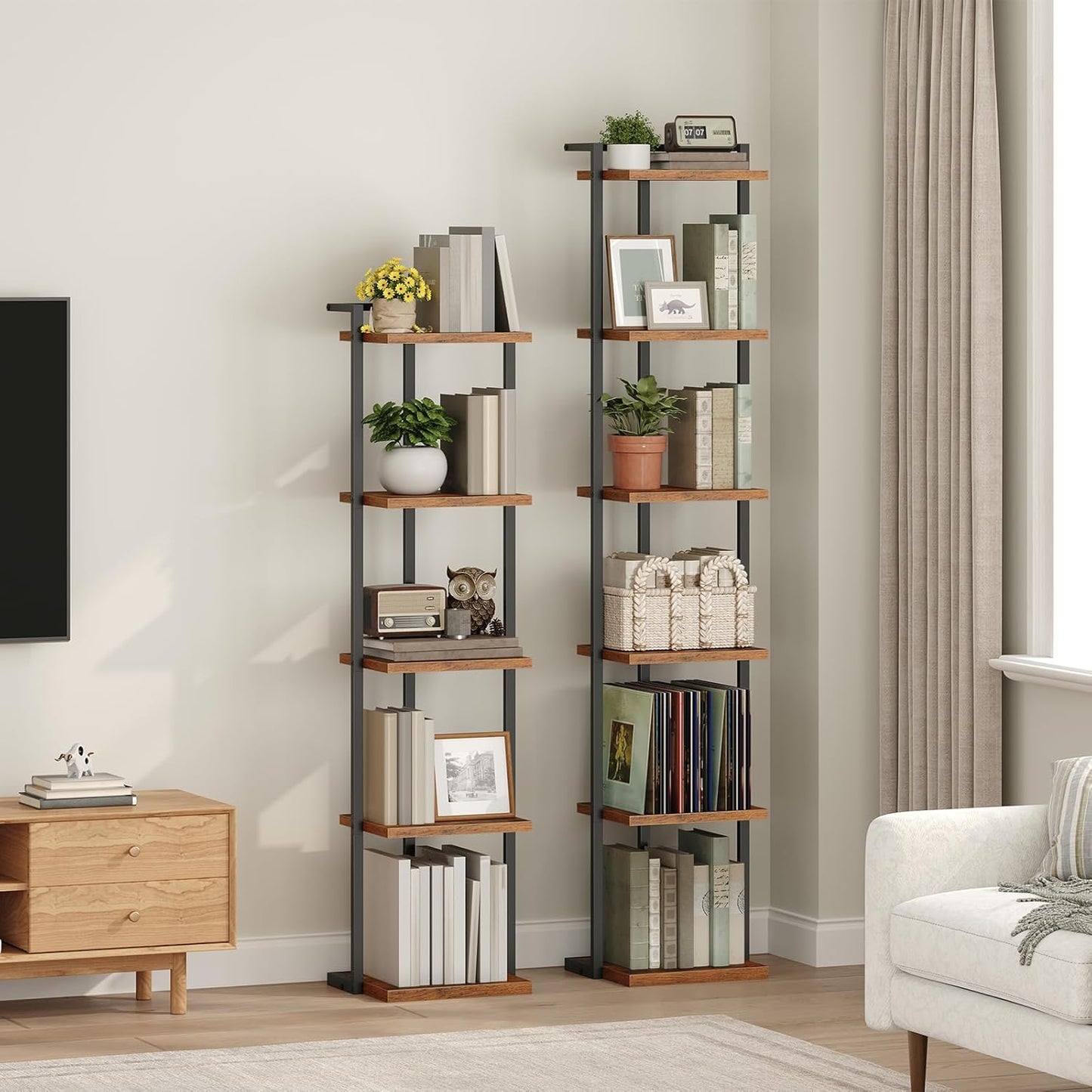 Bookshelf, 6-Tier Bookcase, Vertical Tall Narrow Book Shelf for Small Space, Open Storage Display Shelf with Stable Base & Anti-Tip Kits, for Living Room, Study, Rustic Brown BKHR11601