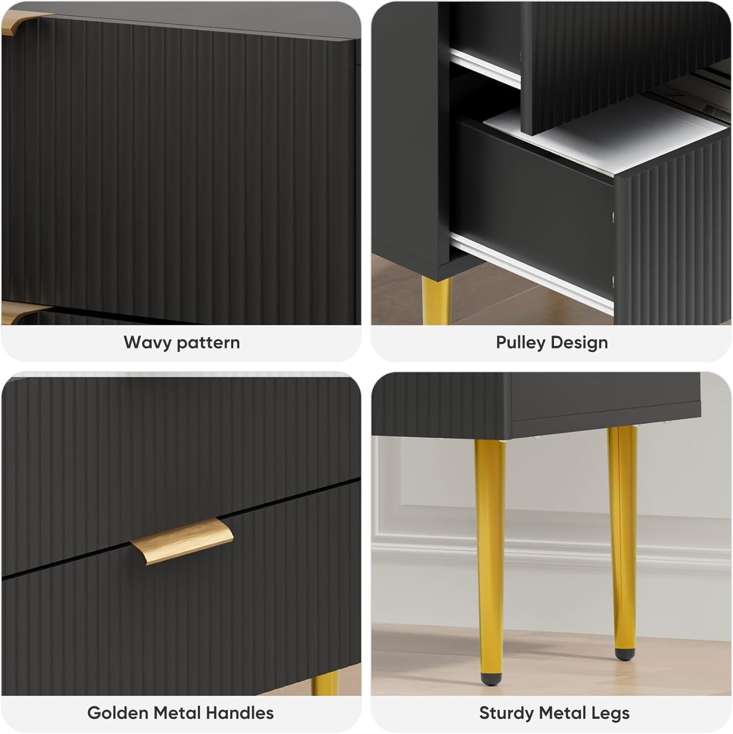 Night Stand, Black and Gold Nightstand with Fluted Panel, Bedside Table with 2 Drawer, Large Mid Century Modern Nightstand with Gold Leg, End Tables for Bedroom