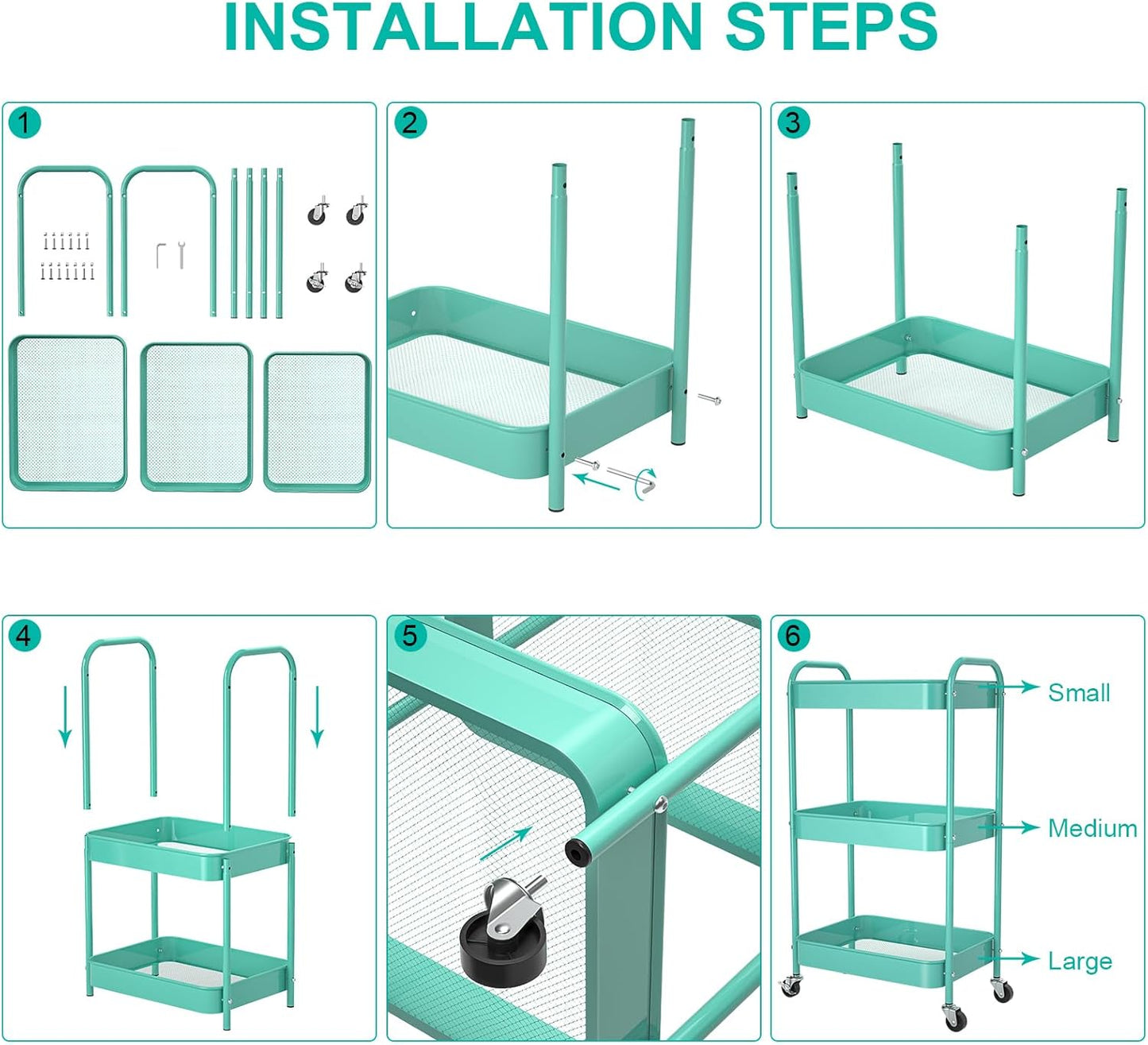 3-Tier Rolling Metal Storage Cart with Wheels, Multi-Functional Organizer for Office, Kitchen, Bathroom, Books Diapers - Easy Assembly (Blue)