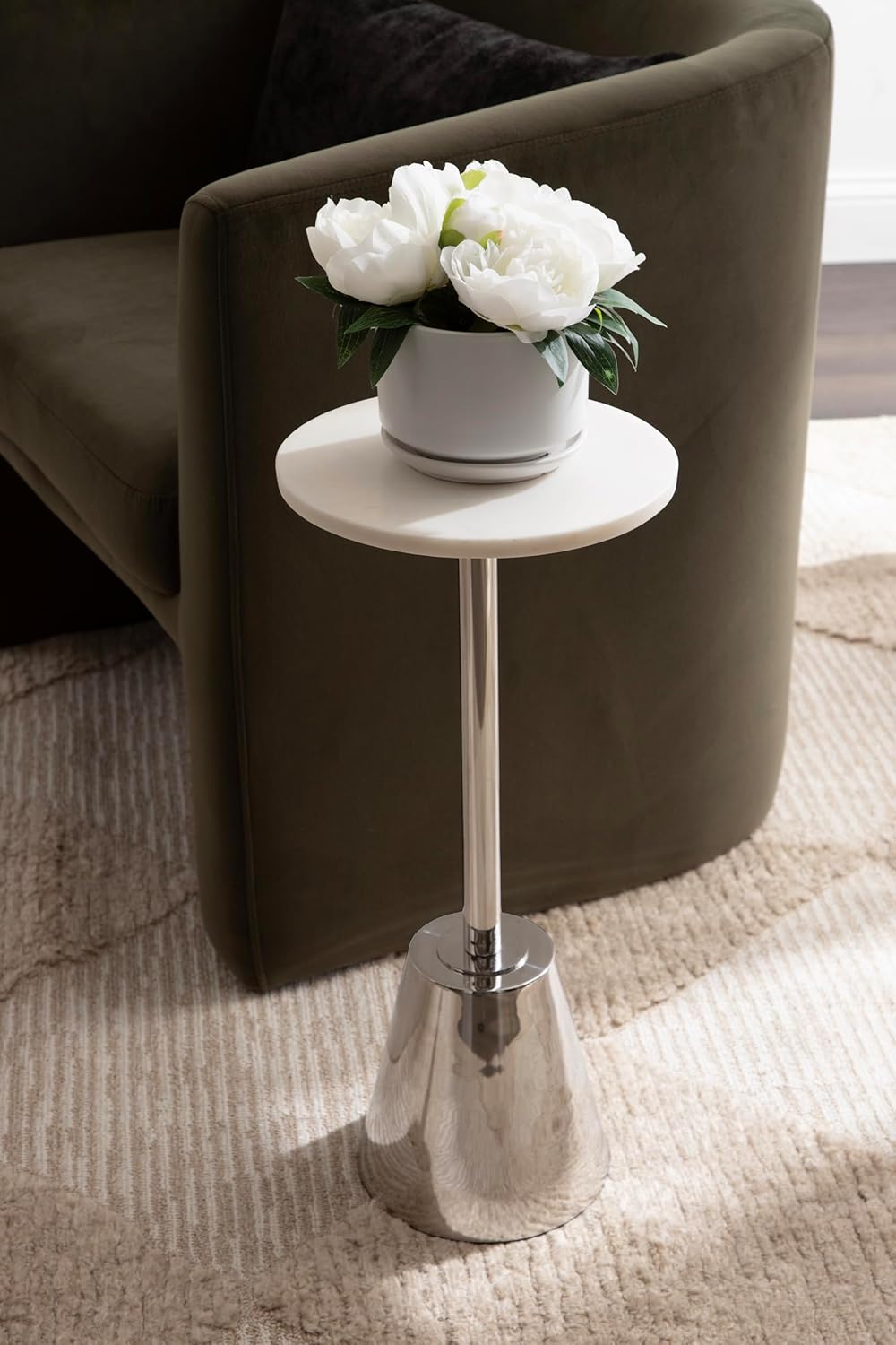 Kate and Laurel Tira Elegant Round Drink Table, 10 x 22, White Marble and Silver, Modern Glam Circle Martini Table for Use as a Small Bedroom Nightstand or Living Room Plant Stand Option