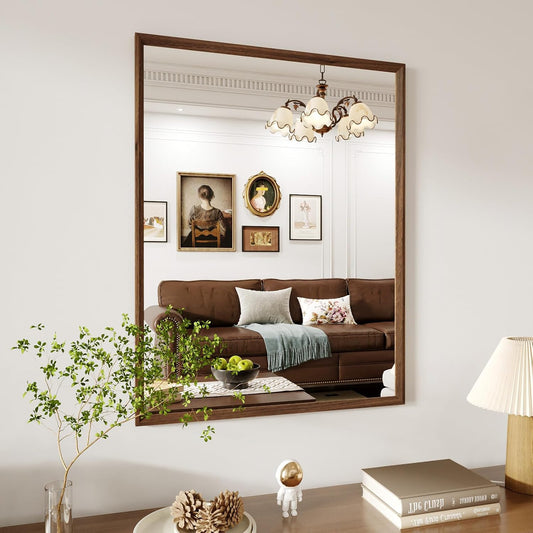 WEER Walnut Bathroom Mirror, Walnut Framed Mirror 28X36 Inch, Rectangle Wall Mounted Bathroom Vanity Mirror with Tempered Glass, Hangs Vertically or Horizontally, Anti-Rust