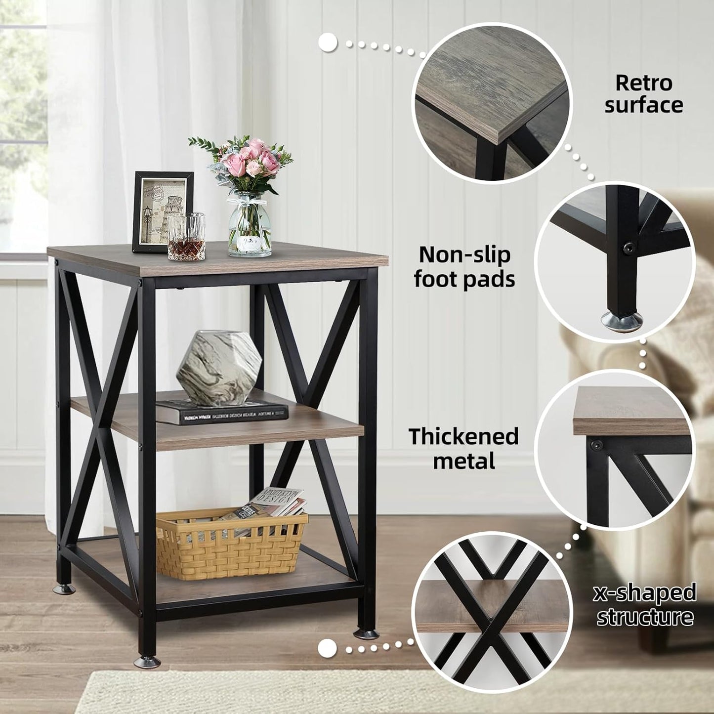 End Tables Living Room Set of 2, 16" D x 16" W x 24" H, Indoor Side Tables Living Room with Storage Shelf, Square End Table Set of 2, X-Shaped Night Stands for Bedroom, Farmhouse Wood End Tables, Grey