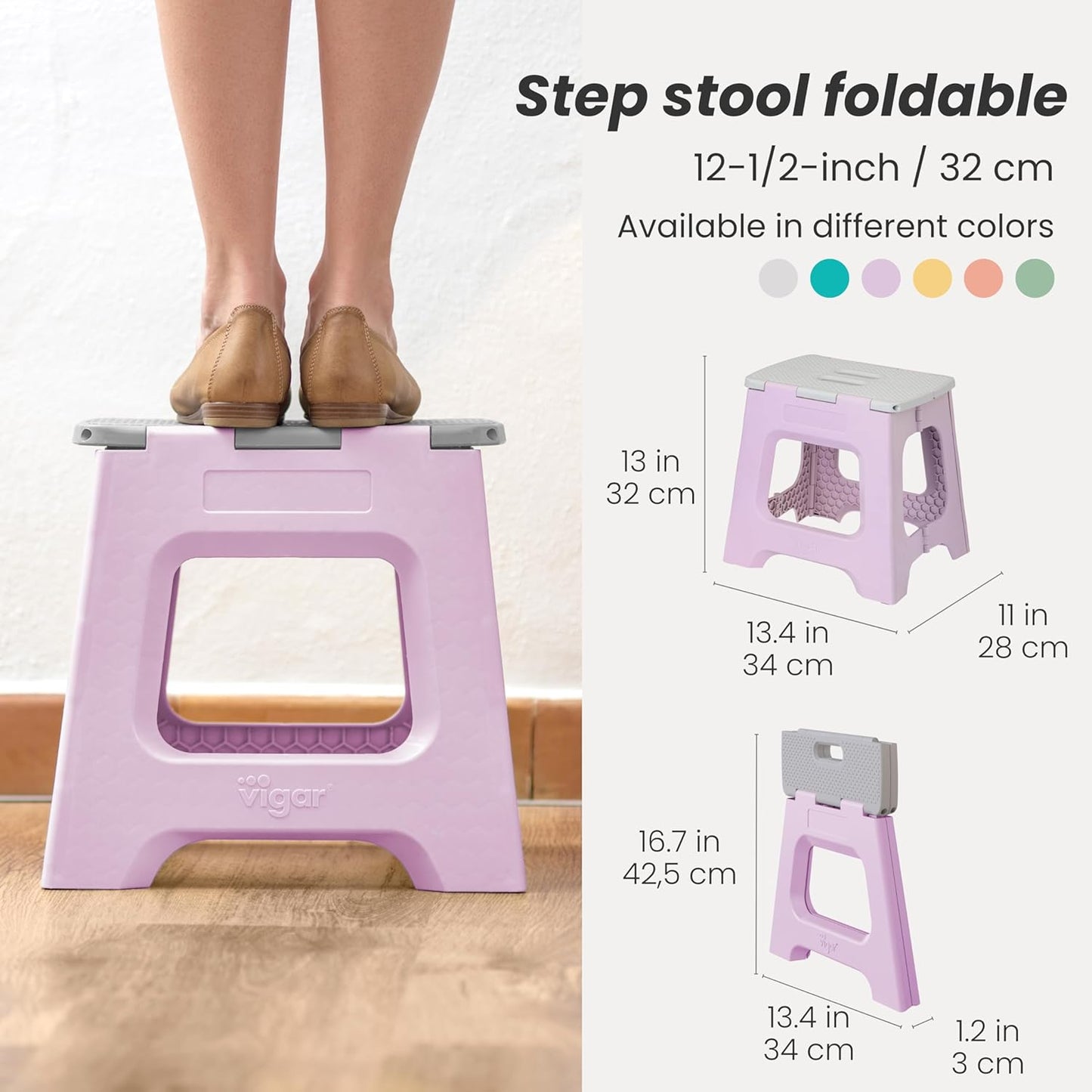 Vigar Compact Step Stool Foldable, 12-1/2-inch Step Stools for Adults up to 330 Pound, Lightweight Stool, Non-Slip Folding Step Stool, Purple