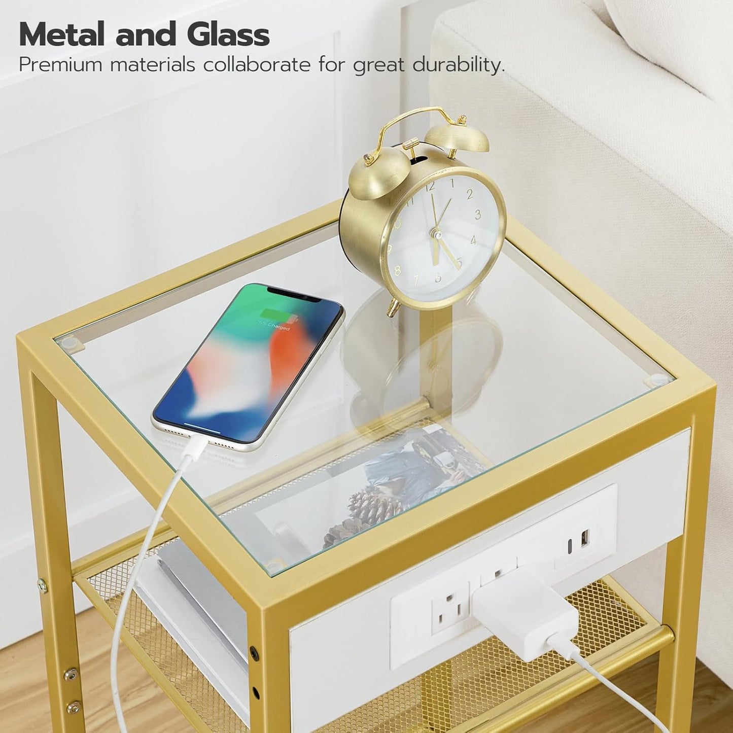HOOBRO End Tables Set of 2 with Charging Station, Side Tables with USB Ports & Power Outlets, 3-Tier Slim Nightstands with Storage Shelves, Tempered Glass, for Living Room, Bedroom, Gold GD77UBZP201