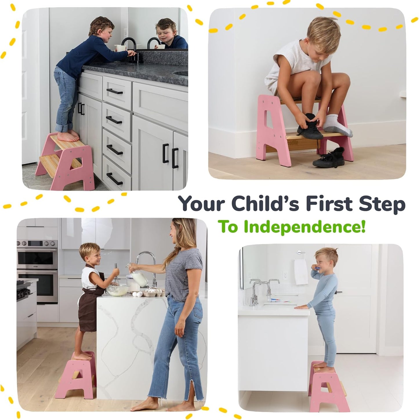 2-Step Wooden Step Stool for Toddlers | Kids Stool for Bathroom Sink & Kitchen Use | Non-Slip Step | Wooden Stool for Children Ages 2+ Years Pink