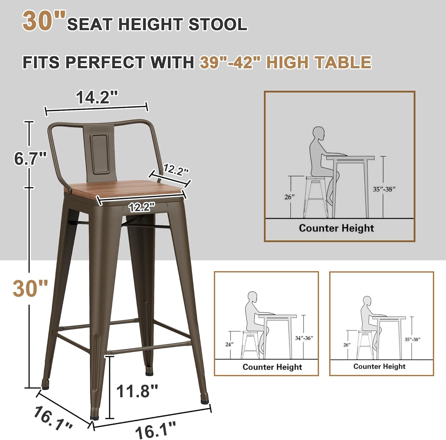 30 Inch Swivel Bar Stools Set of 4 with Backs Counter Height Industrial Metal Barstools Island Bar Chairs for Home Kitchen Dining Room (Swivel 30 inch,Rusty Wooden)