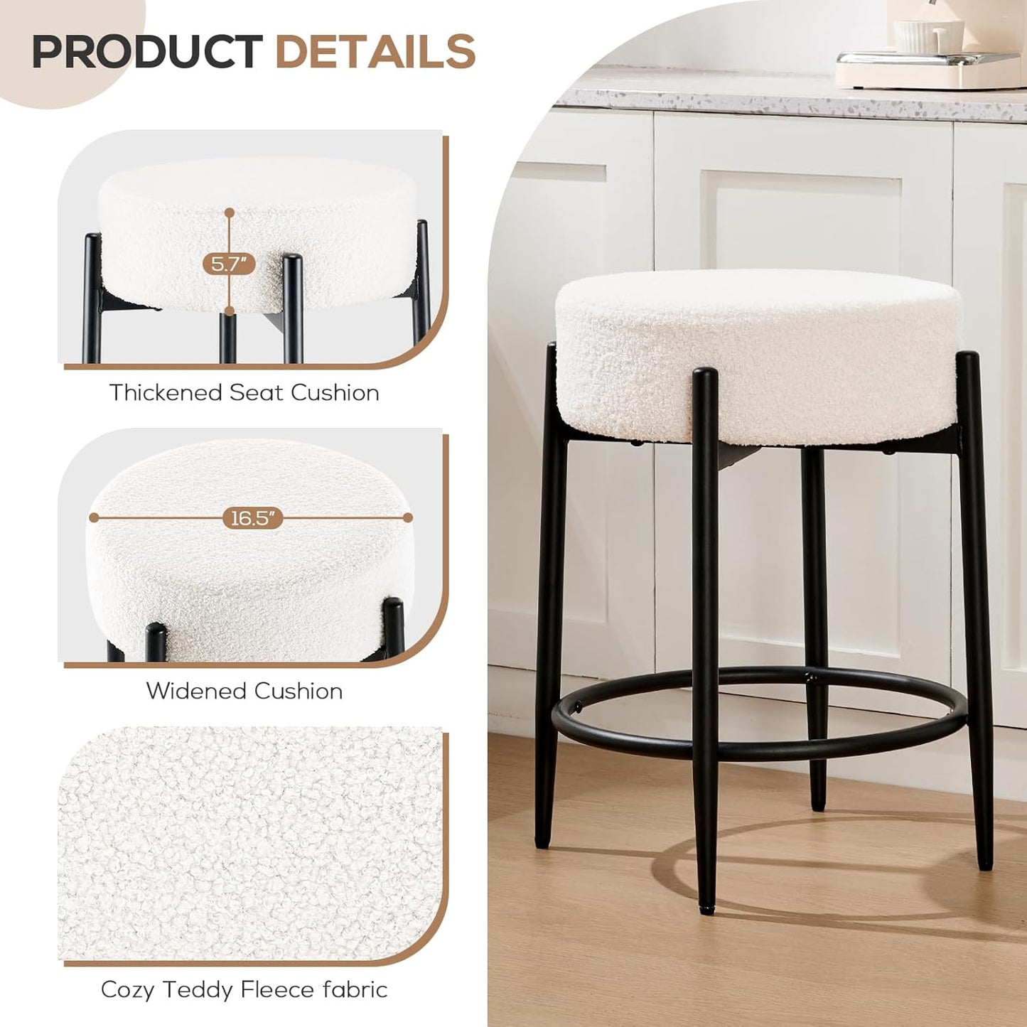 Dining Chairs Set of 2, 23.6" Backless Kitchen Living Room Chair，Mid Century Modern Chairs with Round Soft White Boucle Padded & Solid Metal Legs