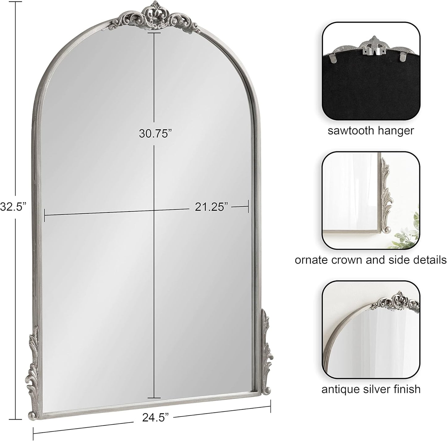 Kate and Laurel Myrcelle Traditional Arched Mirror; 25 x 33; Silver; Decorative Large Arch Mirror with Ornate Garland Detailing Along The Crown and Edges of The Frame