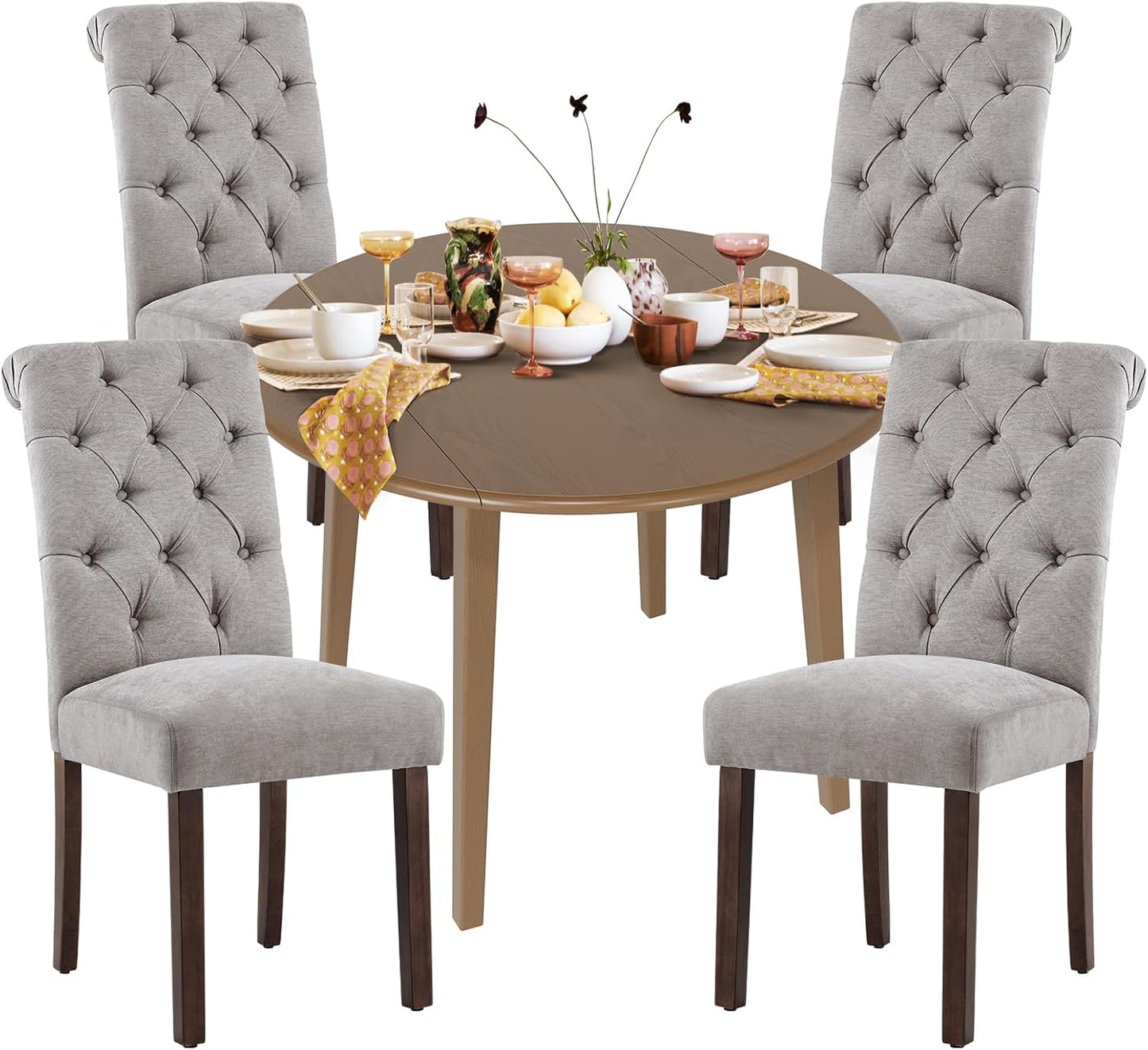 COLAMY 5-Piece Extendable Dining Table Set for 4, 36" Kitchen Round Wood Table with 4 Tufted Dining Room Chairs,Light Brown/Light Grey