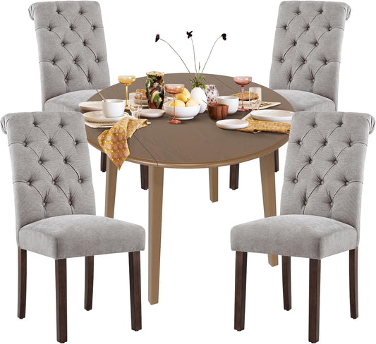 COLAMY 5-Piece Extendable Dining Table Set for 4, 36" Kitchen Round Wood Table with 4 Tufted Dining Room Chairs,Light Brown/Light Grey