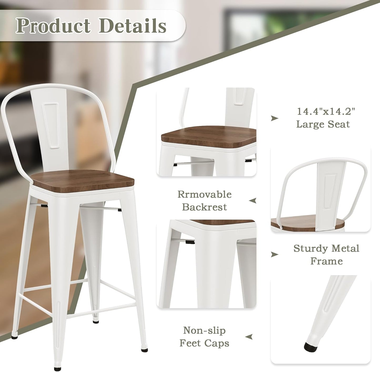 Yongqiang Metal Bar Stools Set of 4 Kitchen Island Counter Height Bar Stools High Back Farmhouse Barstools with Large Wooden Seat 24 inch Cream White