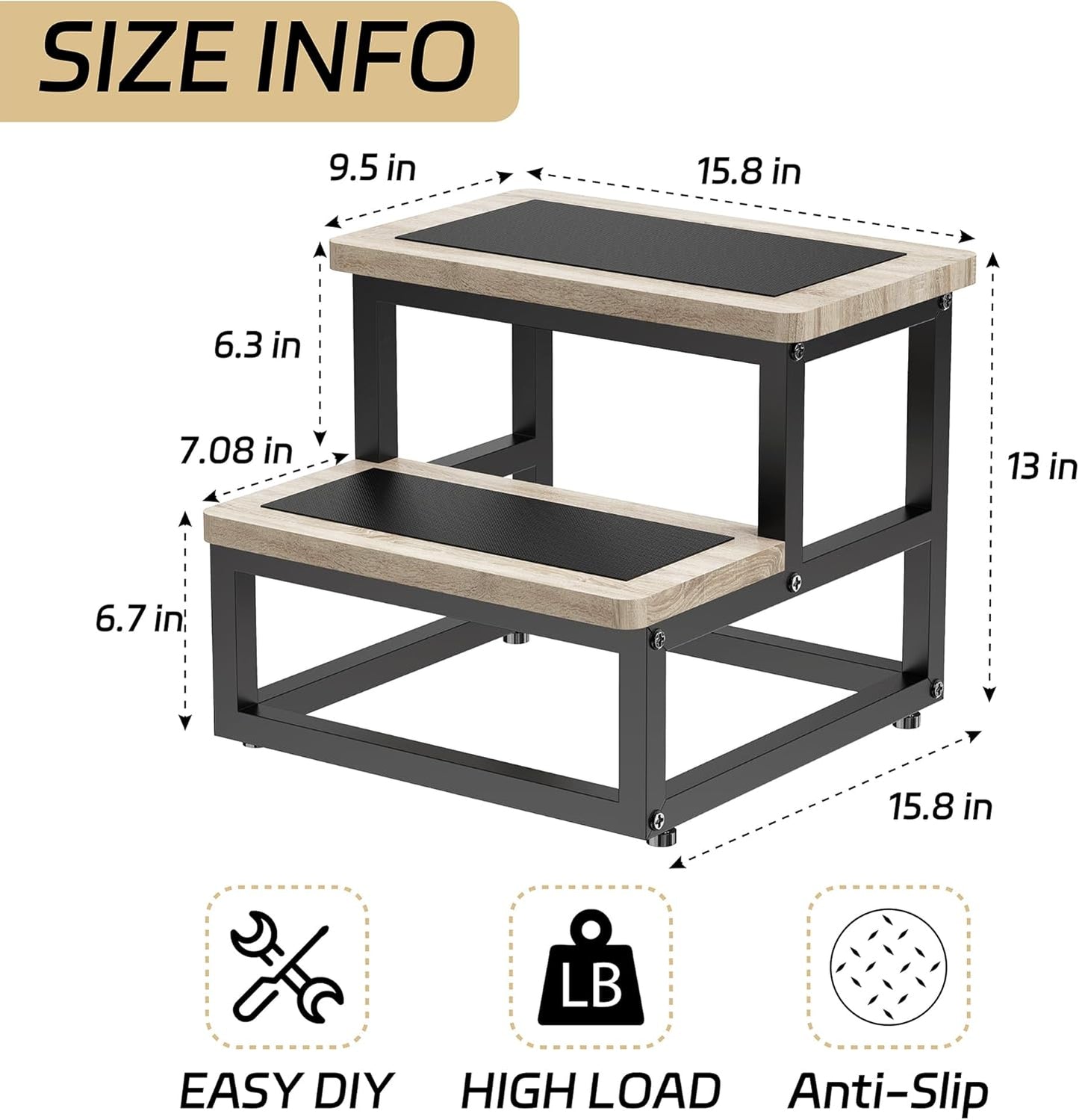 Step Stool, Wood and Metal Step for Adults Kids, Bedside Stepping Stool for High Bed with Round Corners, 2 Steps Foot Stool for Kitchen Bedroom, Load 500 LB, Beige