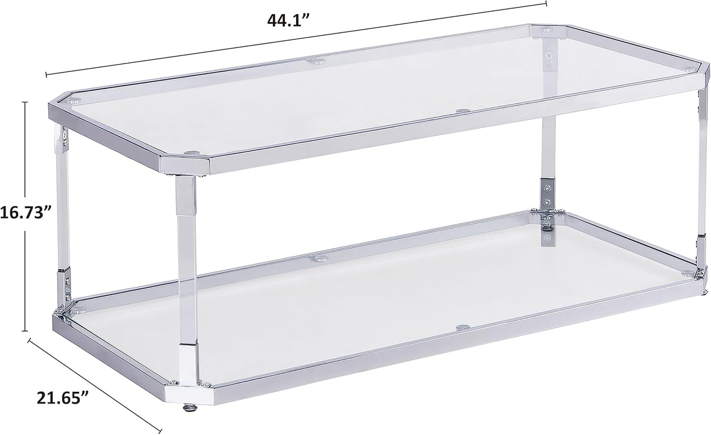 Glass Top Coffee Table, Sliver Rectangle Coffee Table Glass Top with 2 Tiers, Acrylic Leg, Chrome Frame, Modern Center Table for Living Room
