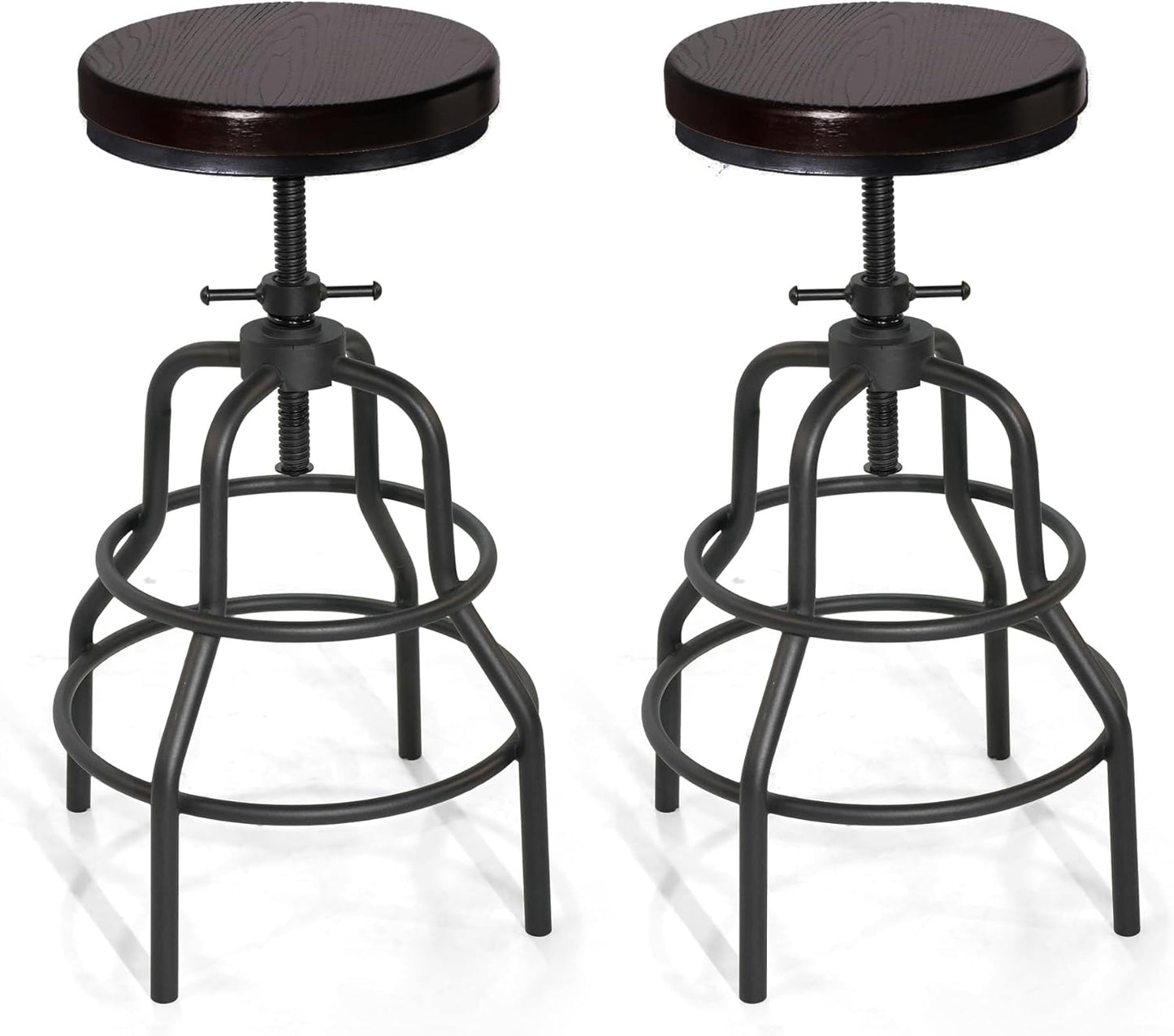 LOKKHAN Vintage Industrial Bar Stool-Rustic Swivel Bar Stool-Round Walnut Wood Metal Stool-Counter/Bar Height Adjustable Pipe Stool-Cast Steel Stool 23.62"-29.52" (Set of 2)