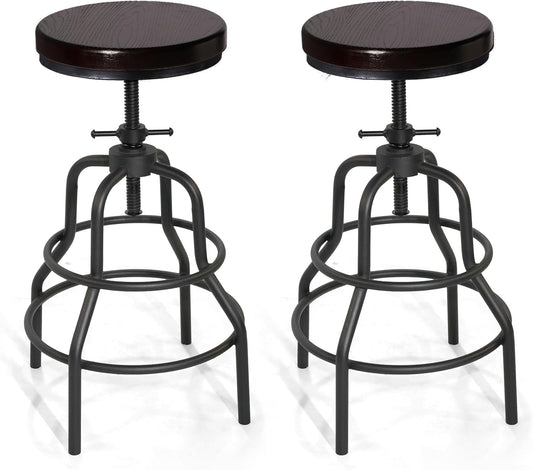 LOKKHAN Vintage Industrial Bar Stool-Rustic Swivel Bar Stool-Round Walnut Wood Metal Stool-Counter/Bar Height Adjustable Pipe Stool-Cast Steel Stool 23.62"-29.52" (Set of 2)