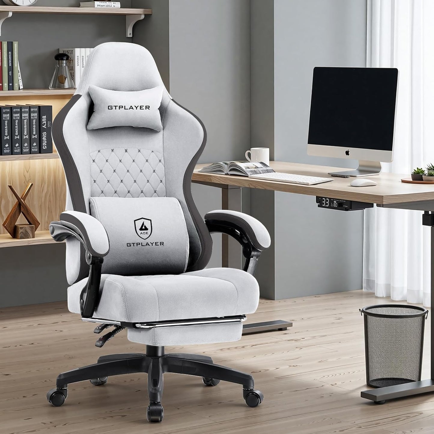 GTPLAYER Office Chair, Gaming Computer Desk Fabric Chair with Footrest, High Back Ergonomic Office Chair with Pocket Spring Lumbar Support and Linkage Armrests Adjustable Height Swivel for Home Task