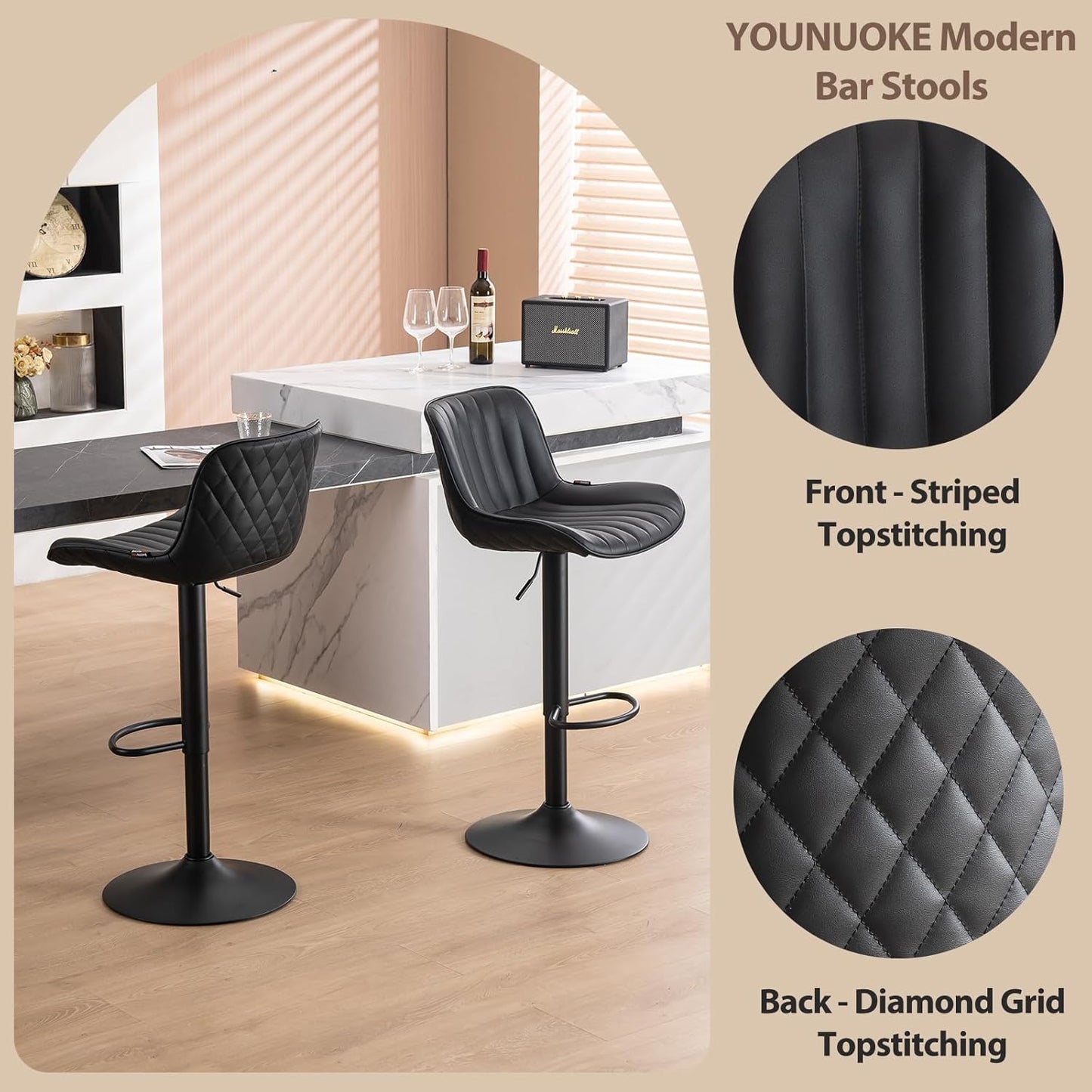 YOUNUOKE Black Bar Stools Set of 2 Adjustable Counter Height Stools Modern Swivel Barstools with Backs Mid Century PU Leather Upholstered Bar Chairs for Kitchen Island