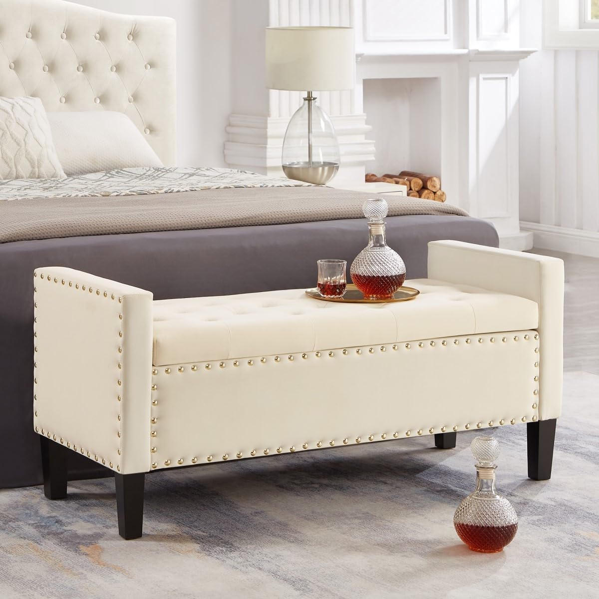 24KF Velvet Modern Upholstered Tufted Button Storage Bench with Arms for Bedroom,Entryway Living Room Soft Padded Seat-Cream