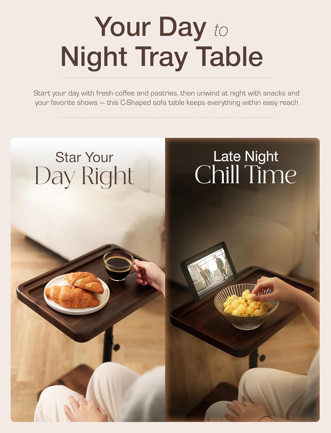 HOLANA Acacia Wood Adjustable C-Shaped Couch Table – 360° Swivel Side Table for Sofa - Small End Table for iPad, Laptop, or TV Tray – Eating Trays for Living Room or Bedside Use (Walnut)