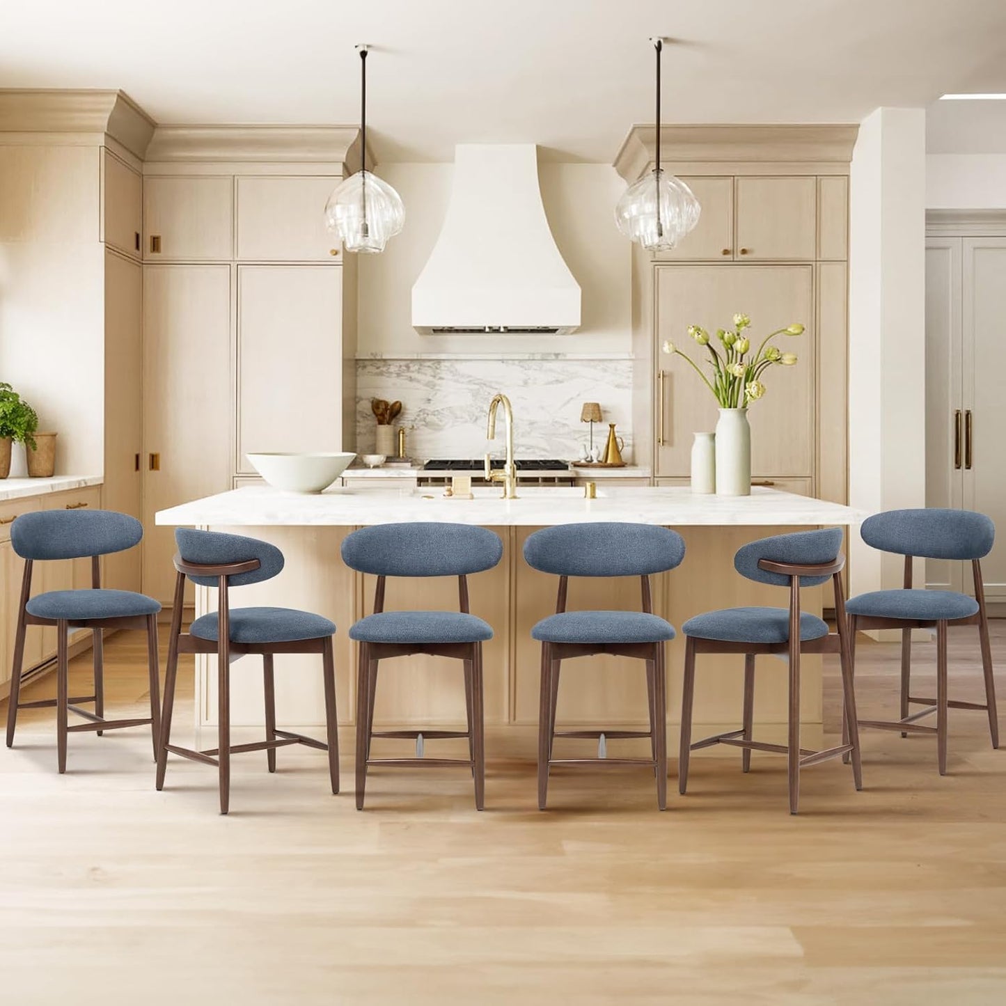 COLAMY Bar Stools Set of 6, Counter Height Bar Stools, Upholstered Counter Stools with Wood Legs for Kitchen Island Dining Room Bar, Blue