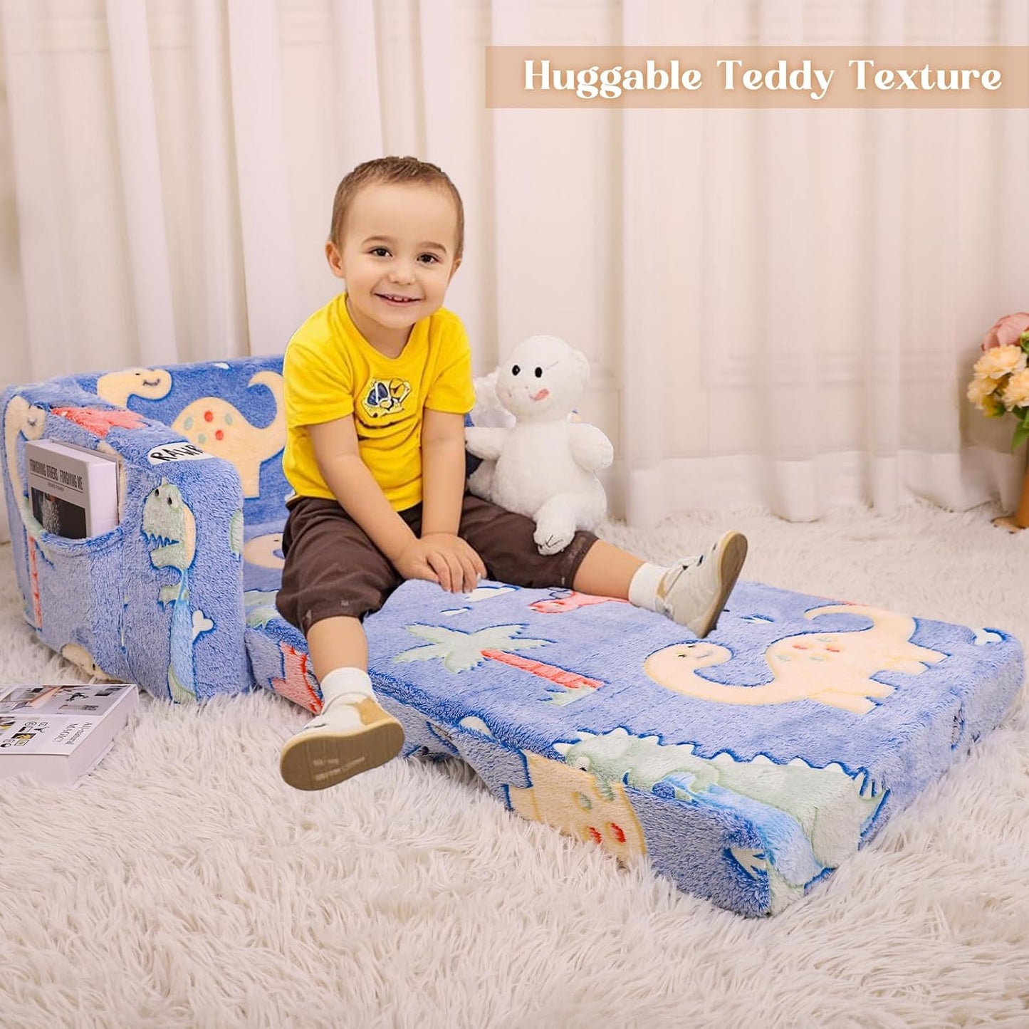 Kids Chairs for Toddler, 2 - in - 1 Toddler Soft Teddy Fleece Couch Featuring Glow - in - The - Dark Elements, Fold Out, Convertible Sofa to Lounger for Girls and Boys - Colorful Dinosaur