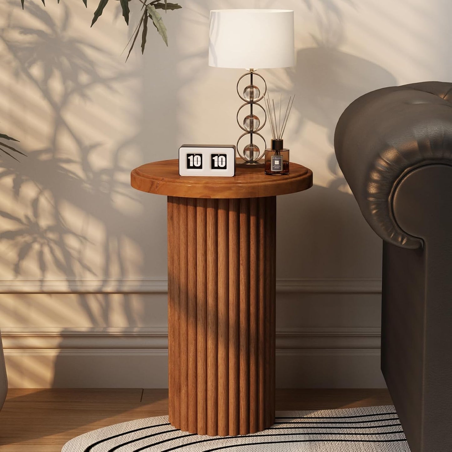 Round Wood Side Table, Fluted Accent Table, Small End Table for Living Room, Bedroom, Fully Assembled