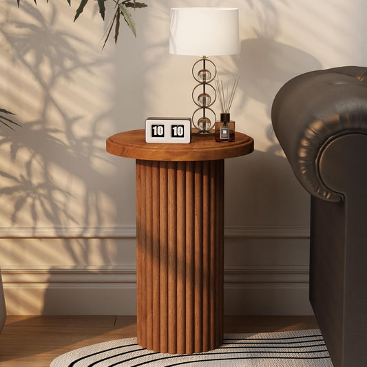 Round Wood Side Table, Fluted Accent Table, Small End Table for Living Room, Bedroom, Fully Assembled