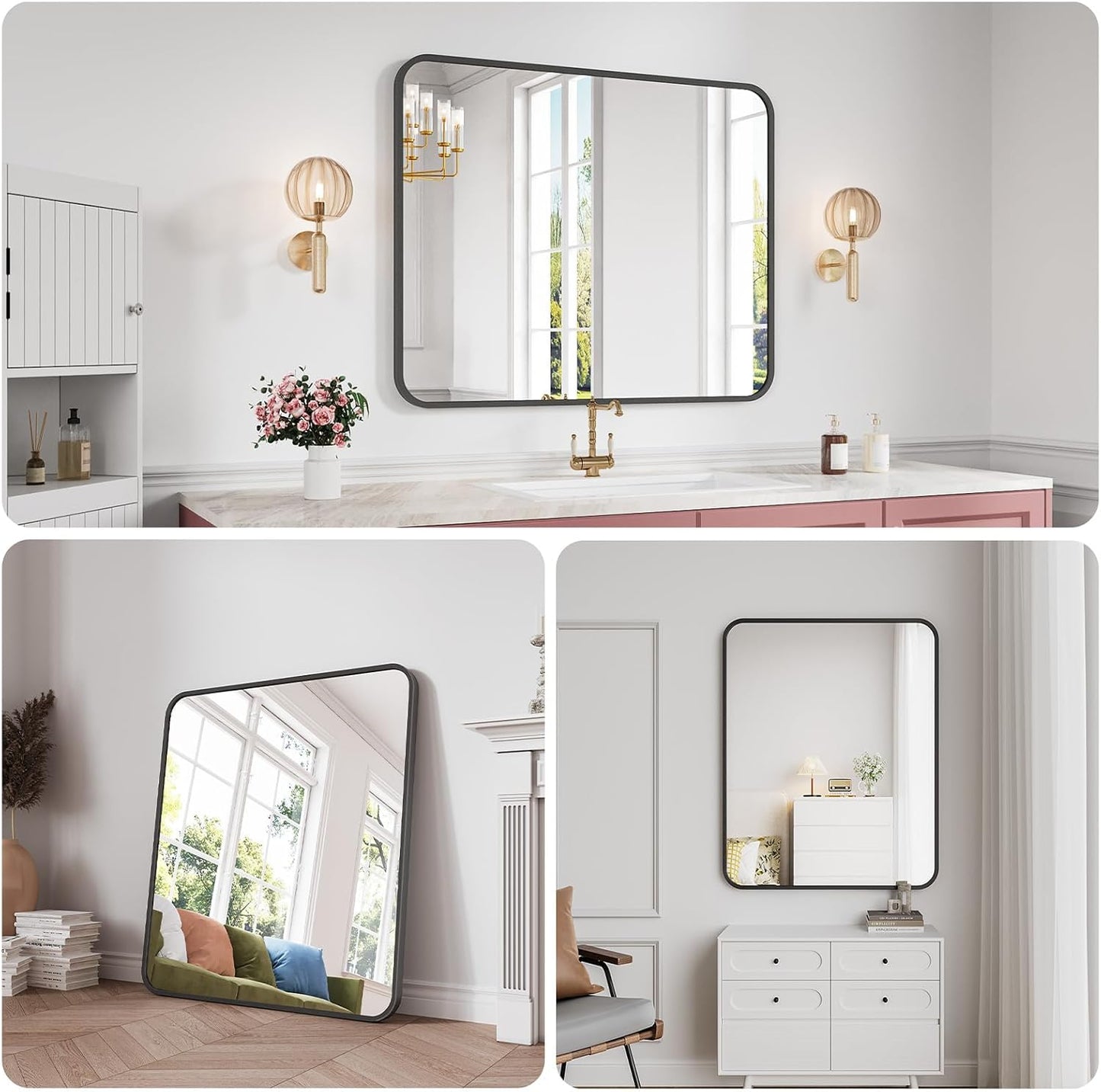 Koonmi Bathroom Mirror, 32X40 Inch Black Metal Framed Mirror for Bathroom, Tempered Glass, Anti-Rust, Rounded Rectangle Mirror for Restroom, Bedroom, Black
