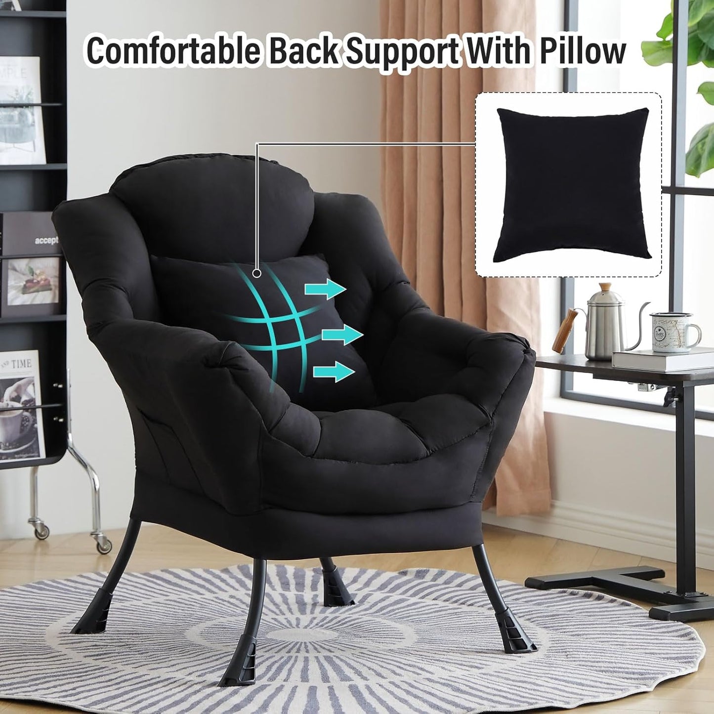Lazy Chair with Pillow for Living Room, Modern Lounge Accent Chair with Armrests, Leisure Sofa Chair Set, Reading Chair for, Bedroom, Dorm Room, Office, Black