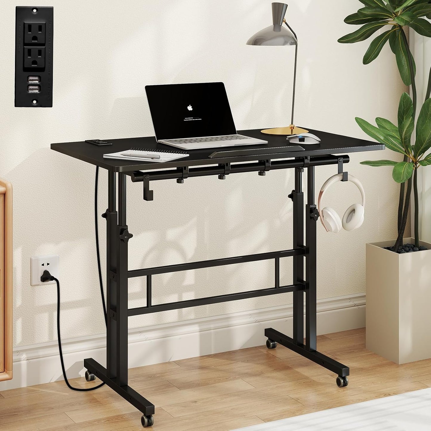 SIDUCAL Portable Standing Desk Adjustable Height, Rolling Computer Desk on Wheels, Mobile Home Office Workstation with USB Ports and Outlets, Laptop Cart for Standing or Sitting, 31.5" x 23.6" Black